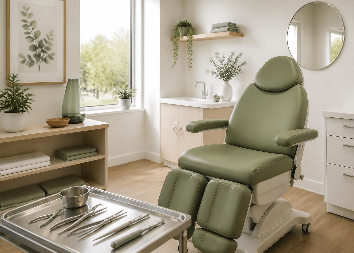 Cabinet de soin lumineux avec fauteuil et instruments professionnels